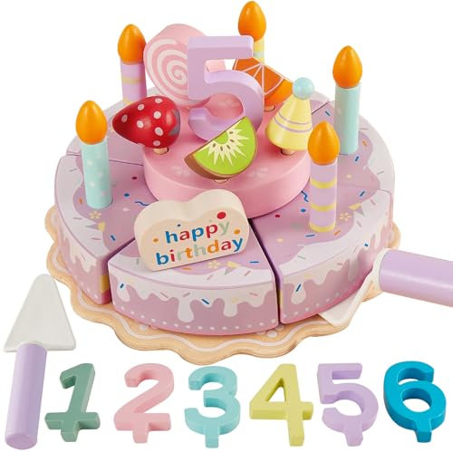 HERSITY Geburtstagstorte Kinder Holz Doppelschicht Lebensmittel Spielzeug Essen zum Schneiden, Kinderküche Zubehör Teeservice Rollenspiele Kinder für Mädchen Jungen 3 4 5 Jahre