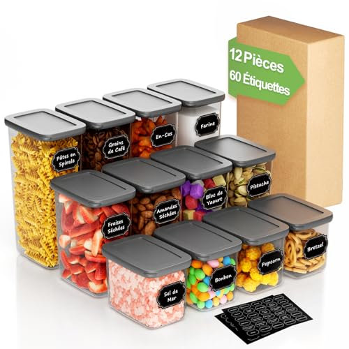 Homhut Boite Rangement Cuisine Lot de 12, Boite Hermetique Alimentaire, Boite Conservation Alimentaire en Plastique avec couvercles pour Céréales, Farine et Aliments Secs