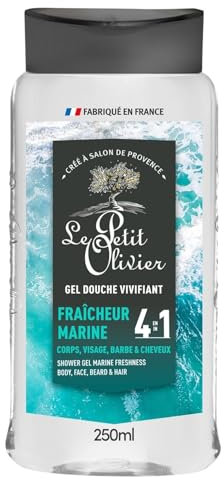 LE PETIT OLIVIER - Gel Douche Homme 4 en 1 - Fraîcheur Marine - Corps Visage, Barbe & Cheveux - Parfum Frais & Vivifiant - Nettoie en Douceur - PH Neutre Pour la Peau - Fabriqué en France - 250ml