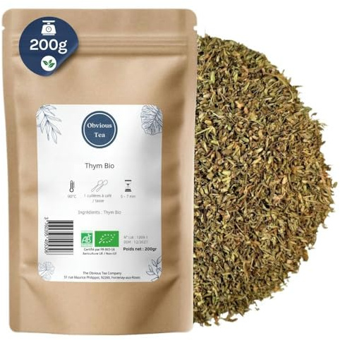 Thym Bio en Vrac - Pour Infusion, Tisane et Épice Culinaire - Thymus Vulgaris L - Agriculture Biologique - Odeur Aromatique Douce - Fabrication Française - Sachet 200 gr (100 Tasses)