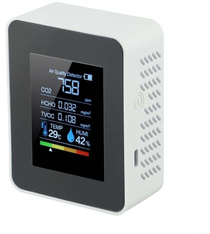 Yhenlovtt Monitor de calidad del aire 5 en 1, detector de dióxido de carbono para interiores con pantalla LED, temperatura y humedad, probador HCHO TVOC, batería recargable, detección en tiempo real