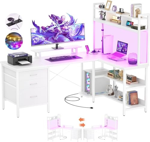iSunirm L Shaped Desk with Hutch, Gaming Desk with Led Lights, Reversible Computer Desk with Power Outlet, Corner Desk with File Drawer & Monitor Stand, Storage Shelves for Home Office, White