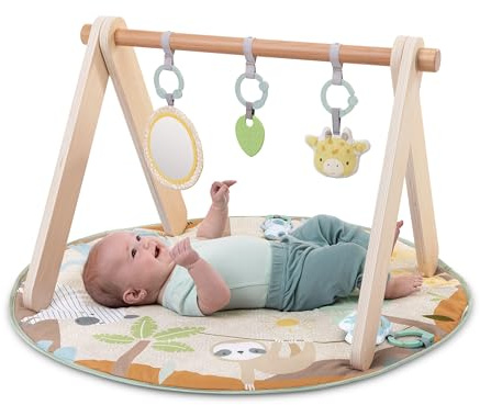 Ingenuity Wonder & Wood Alfombra de juego para bebé con arco de madera – Gimnasio plegable con barra en forma de A y 3 juguetes desmontables, alfombra lavable a máquina, 0 a 36 meses