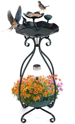 COSTWAY Mangiatoia Solare per Uccelli da Esterno, Vaschetta e Mangiatoia Vintage con Piedistallo e Luci Solari, Casetta per Uccellini Decorativa da Giardino (Verde)