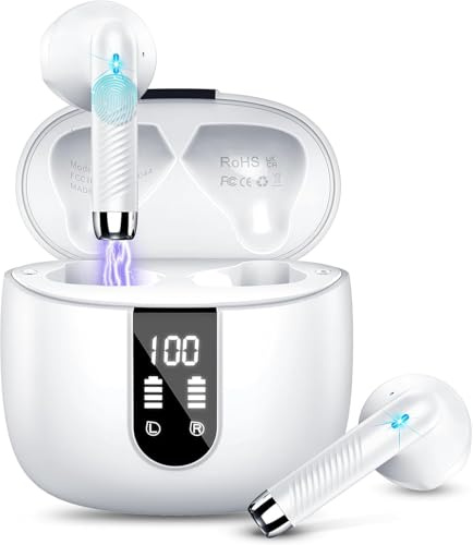 Wireless Earbuds, Bluetooth 5.4 Headphones in Ear 2025 Wireless Earphones with 4 ENC Mic, Mini Ear buds with HiFi Stereo Deep Bass, 56H Playtime Dual LED Display, Bluetooth Earbud IP7 Waterproof,White