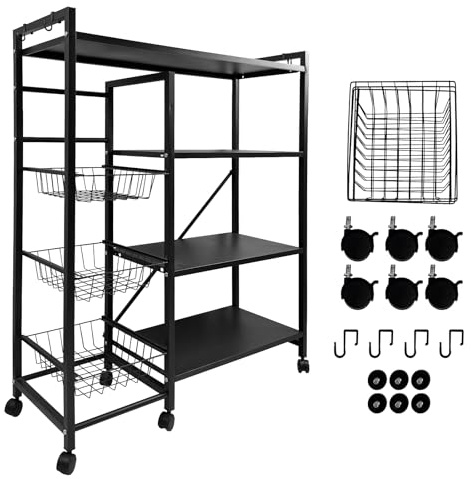 EVGTTI Baker's Rack, Kitchen Island with Metal Mesh Baskets, 4 Hooks, Microwave Stand, 90 x 32×108cm, Industrial Storage Shelf for Kitchen, Living Room, Office, Black