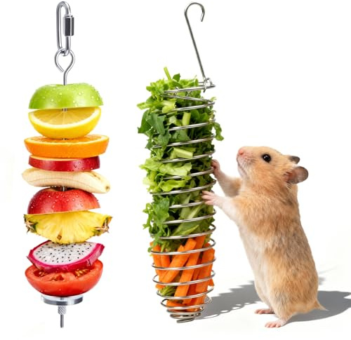 2Pcs Rat Enrichment Toys, 304 Stainless Steel Foraging Toy, Fruit & Vegetable Holder for Mice, Hanging Rodent Cage Accessories, Slow Feeder Puzzle Toy & Parakeet Foraging Tool