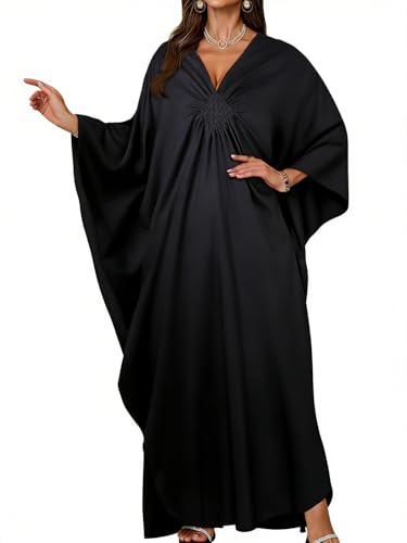 florynova Kaftan Dresses for Women Ladies Swimwear V Neck Kaftans Summer Beach Cover Up Boho Maxi Dress(Black)