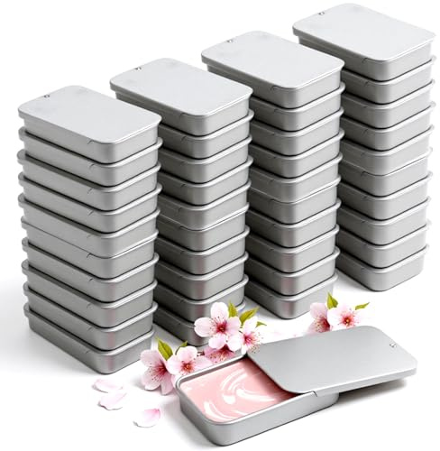 Afcabakila 40 Pack Small Slide Top Tin Containers, Rectangular Empty Cosmetics Metal Boxes Small Lip Balm Containers Metal Tins with Lids for Crafts, Candies, Pills, Jewelry and Crafts Storage, Silver