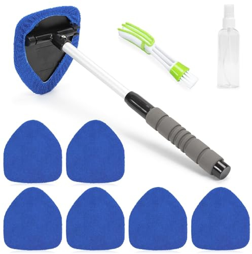 FUSHENGCHUANG Limpiador de Parabrisas para Coche, con Mango Extensible, 6 Almohadillas de Microfibra, Pulverizador y Cepillo para Rejillas