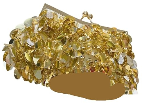 Kvällsväska med pärlor paljetter dam kuvertväska för middag axelväska handvävda kedjor glitter för kvinnor, Guld, Taglia unica, Klassisk