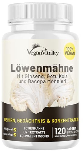 Melena de Leon Capsulas - Lions Mane Suplemento Libre de Cafeína - 120 Cápsulas Nootropic Veganas de Bacopa Monnieri, Gotu Kola, Ginseng