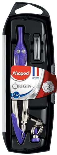 Maped - Coffret Origin 3 Pièces - Fabrication Française - Compas Scolaire + Bague Universelle + Étui-Mines - Avec Sécurité Protège Pointe et Mine + Branches en Acier - Coloris Aléatoire