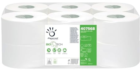 Papernet Bio Tech - Carta Igienica 407568, 1 Confezione da 12 Rotoli in Pura Cellulosa da 149,85 m Ciascuno, Combatte Naturalmente i Batteri Patogeni, 2 Veli, 450 Strappi da 9,5x37 cm
