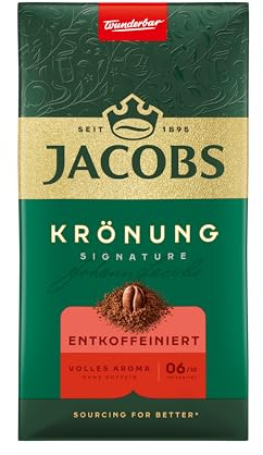 Jacobs Filterkaffee Krönung Entkoffeiniert, mittlere Röstung, Kaffee gemahlen & entkoffeiniert, geröstet in Deutschland, ideal für Filterkaffeemaschine & French Press, Intensität 6/10, 500 g