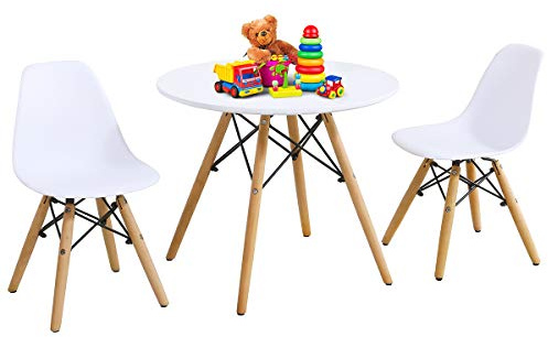 Costzon Kids Table and Chair Set, 3-Piece Kids Mid-Century Modern Style Table Set with Wood Legs for Dining Drawing Playing, Toddler Table and Chairs (White, Table & 2 Chairs)