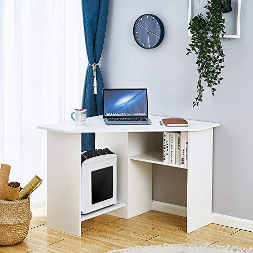 Panana Corner Computer Desk with Shelves Study Workstation PC Laptop Gaming Table for Home Office White