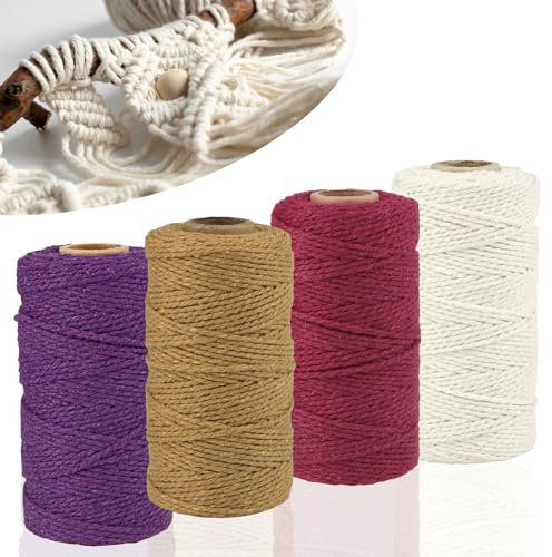 RYAN 4 Makramee Garn 2mm x 100m Baumwollgarn Makramee für DIY Handwerk Basteln Stricken Boho Deko Wandbehang Dekoration Makramee Garn Set (Beige/Lila/Rot/Braun)