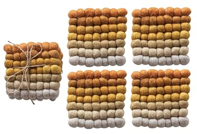 Creative Co-Op Handmade Wool Felt Ball Coasters, Yellow, Orange and Cream, Set of 4