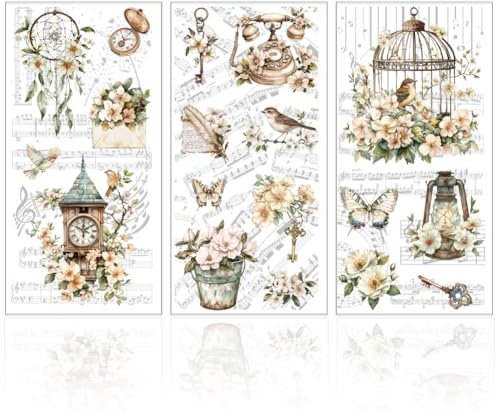 GLOBLELAND 3Pcs Vintage Flowers Transfer 5.9x11.8inch Musical Notes Flowers Rub on Transfer Butterfly Pocket Watch Self-Adhesive Wall Art Decals for Bedroom Living Room Desk Table Decoration