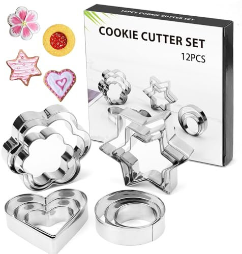 Cookie Cutters Shapes Baking Set, 12PCS Biscuit Cutters, Biscuit Stainless Steel Metal Molds Cutters, Stainless Steel Heart Circle Flower Star Shaped Cookie Cutters for Baking