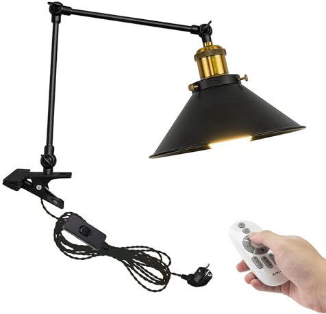 FSLiving Lámpara de pinza industrial con mando a distancia, ajustable clip en escritorio, lámpara de lectura regulable, lámpara de noche con brazo flexible para escritorio, mesita de noche, estante,