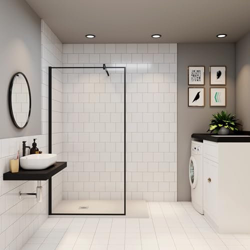 Paroi de douche à l'italienne 80cm en 8mm verre trempé anticalcaire AICA paroi de douche noire Hauteur 200cm avec barre de fixation en carré 90cm