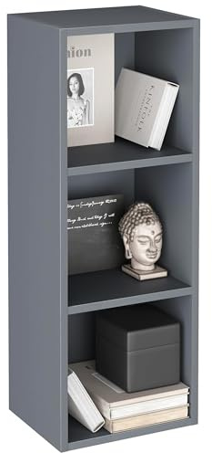 Wooden Bookcase 3 Tier Cube Storage Bookshelf shelving Display Storage unit Tall Freestanding Open Narrow Book Shelf for Office, Living Room, Bedroom, Furniture, Grey H80 x W30 x D24 cm