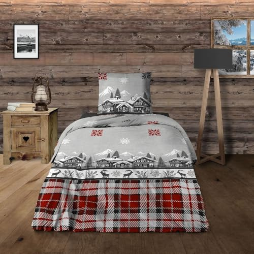 Housse de Couette Chalet + taie(s) 65x65cm - 100% Coton 57 Fils - Grand Teint, Finition Rabat - Dessin Exclusif