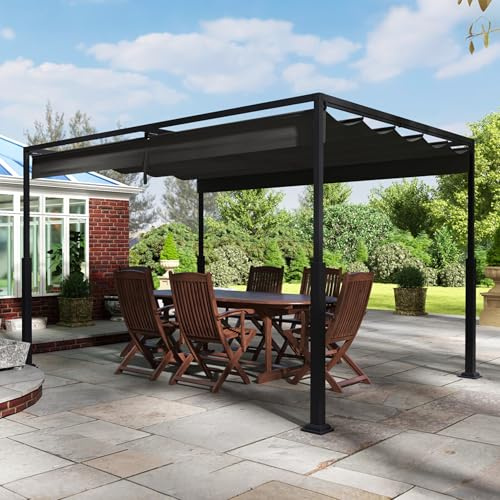 PEILU 3x4m Outdoor Pergola Stabile Metallrahmen Gartenpavillon mit Wind- & Sonnenschutz Schiebedach, Freistehend Überdachung Einziehbare Markise für Garten Terrasse & Balkon (Schwarz)