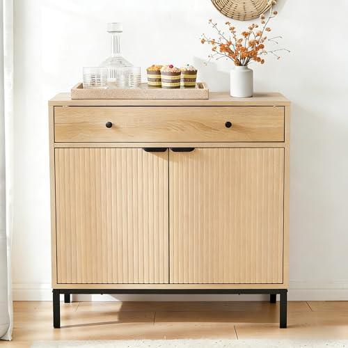 Scoctcoc 31 inch Sideboard Buffet Cabinet with Drawer, Modern Fluted Credenza with 2 Doors & Adjustable Shelf, Small Coffee Bar Storage for Kitchen, Entryway