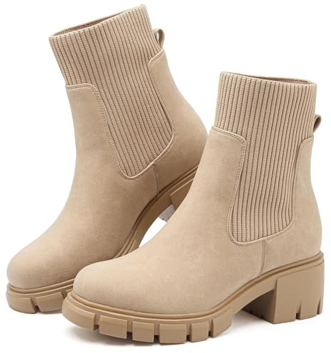 Chelsea Boots Women Ankle Boots for Women UK Platform Chunky Heel Apricot