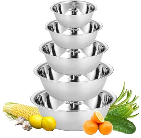 Juego de cuencos de acero inoxidable, cuencos de acero inoxidable, cuencos de metal, cuencos para mezclar, cuencos para servir, apilables, para cocina, repostería,14/16/20/22/24 cm, juego de 5 piezas