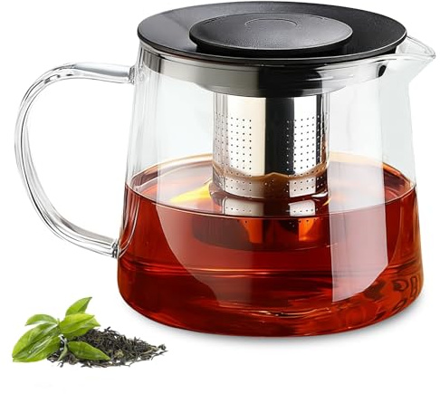 Théière en verre 1500 ml avec passoire, théière en verre borosilicate avec infuseur amovible, passe au lave-vaisselle, idéale pour le thé, le café, les tisanes et les tisanes (noir)