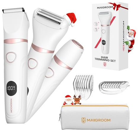 MAXGROOM Rasoir Electrique Femme, 3 en 1 Tondeuse Intime Femme Humide/Sec, Rasoir Électrique avec Affichage LED, Lame Céramique & 4 Peines, Épilateur Électrique pour Visage, Maillot, Aisselles, Jambes