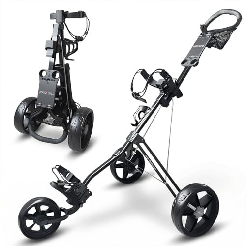 YMDXONE Carrello da golf a 3 ruote con manico regolabile: design pieghevole, tasca portaoggetti in rete, carrello leggero con segnapunti e portabottiglie, compatto per riporre e trasportare facilmente