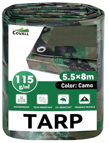 COVALL Lona Impermeable Exterior 5.5x8 m– 115g/m², Camuflaje Verde, con Ojales de Acero, Resistente al Desgarro, Lona Protectora Resistente a Intemperie y a Rayos UV, para Jardín, Piscina y Remolque