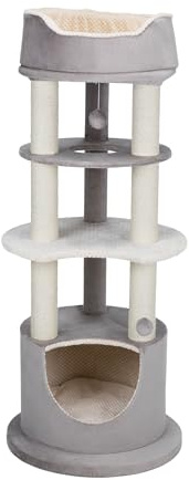TRIXIE Lavinia 137,2 cm Katzenturm, Jute-Kratzbäume, Plüschbezogener Katzenbaum, Höhle, Plattformen, baumelndes Katzenspielzeug, Grau