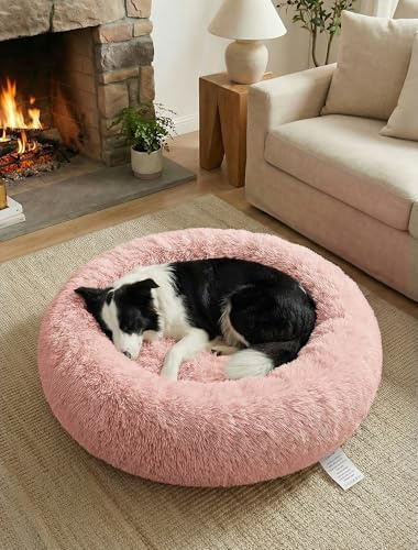 OKPOW Donut Dog Bed,70cm Calming Anti Anxiety Large Dog Beds,Washable Soft Warm Plush Fleece Fluffy Soothing Cat Pet Cushion,Round Orthopedic Relief Improved Sleeping Non Slip Bottom Kitten Bed