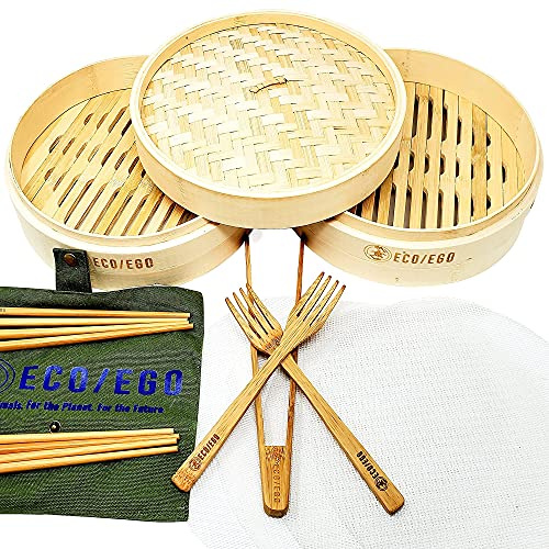 American made ECO/EGO 10 Two tier organic bamboo steamer set includes bonus cutlery set with case (4 sets chopsticks and 2 forks), 4 food grade silicone mesh liners, and 1 9 tong.