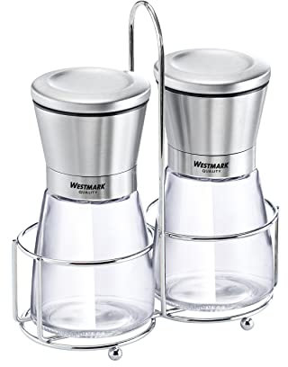 Westmark Menage Gewürzmühle, 3-tlg., Salz- und Pfeffermühle + Ständer mit Tragegriff, Rostfreier Edelstahl/Glas/Keramik, Edelstahl, Transparent/Silber/Schwarz, 63362260