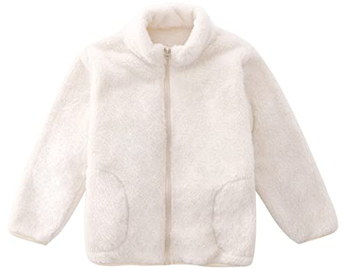 Niños Pequeños Niñas Chaqueta de Lana Coral Collar del Soporte con Cremallera Padres Hijos Otoño Invierno Transiciones Estaciones Abrigo Cálido y Suave con Bolsillos para 1-15 Años, Blanco 100