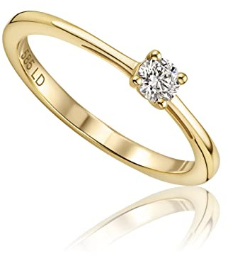 MIORE Anelli Donna, Anello di Fidanzamento con Solitario 4 Griffe in Oro Giallo 14 carati con Diamante da 0,16 Carati, Gioielli Donna Anallergici Fatti a Mano, Consegnato con Portagioielli
