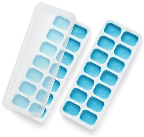 KEPLIN 2pk Silicone Ice Cube Trays with Non-Spill Lids, Easy to Remove Tray, LFGB Certified BPA Free, Flexible Silicone Ice Cube Moulds, Parties, Drinks, Cocktails & Frozen Liquids (2pk Blue)