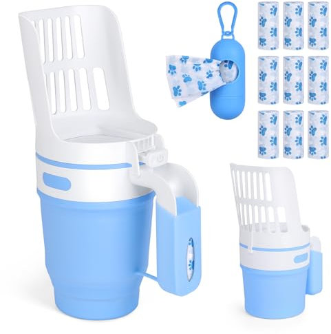 MYPIN Faltbare Katzenstreuschaufel mit Halter, tragbarer 2-in-1-Katzentoiletteimer, verbesserte Katzenkotschaufel, große Kapazität, Katzenstreuschaufel mit extra 180 Kotbeuteln (blau)