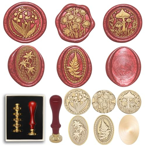 Wax Seal Stamp Kit, 6 Pcs Wax Seal Stamp Head 1 Wooden Hilt Letter Wax Seal Kit, Sealing Wax Stamp Seal Set Include Lily/Daisy/Mushroom/Oval Blank Envelope Sealing Wax Stamps for Wedding Invitation