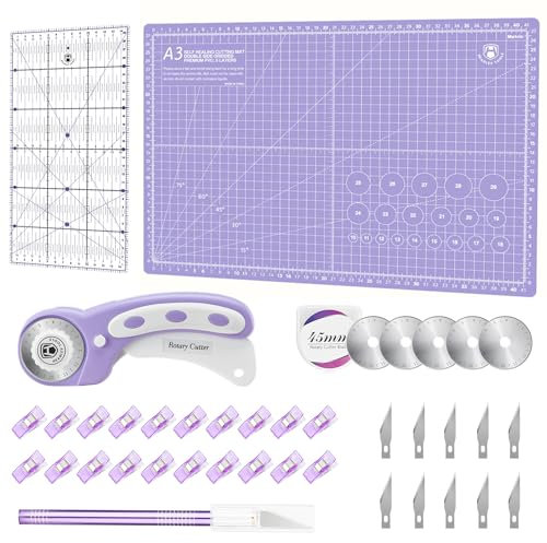 Headley Tools Set di taglierine rotanti, 45 mm, 5 lame rotanti extra, tappetino da taglio A3, righello per trapuntatura e clip da cucito, ideale per artigianato, cucito, patchwork, viola