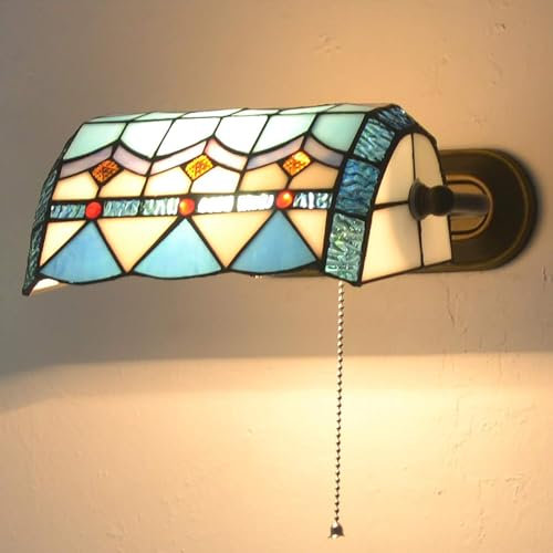 VECNUM Applique Murale Style Tiffany avec Interrupteur À Tirette, Rural Lampe De Banquier Méditerranéen avec Abat-Jour en Verre Teinté, E27 Rétro Lampe Murale pour Salon,B