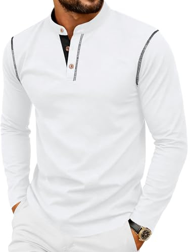 PEGENO Mens Henley Shirts Long Sleeve Fashion Retro White X Large