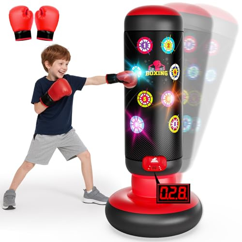 Hot Bee Interactive Punching Bag for Kids, Boxing Bag with Music & Light 4-Mode Game, Inflatable Punch Bag with Gloves, Kids Gym Equipment, Boxing Gifts Toys for 6 7 8 9 10 11 12 Year Old Boys